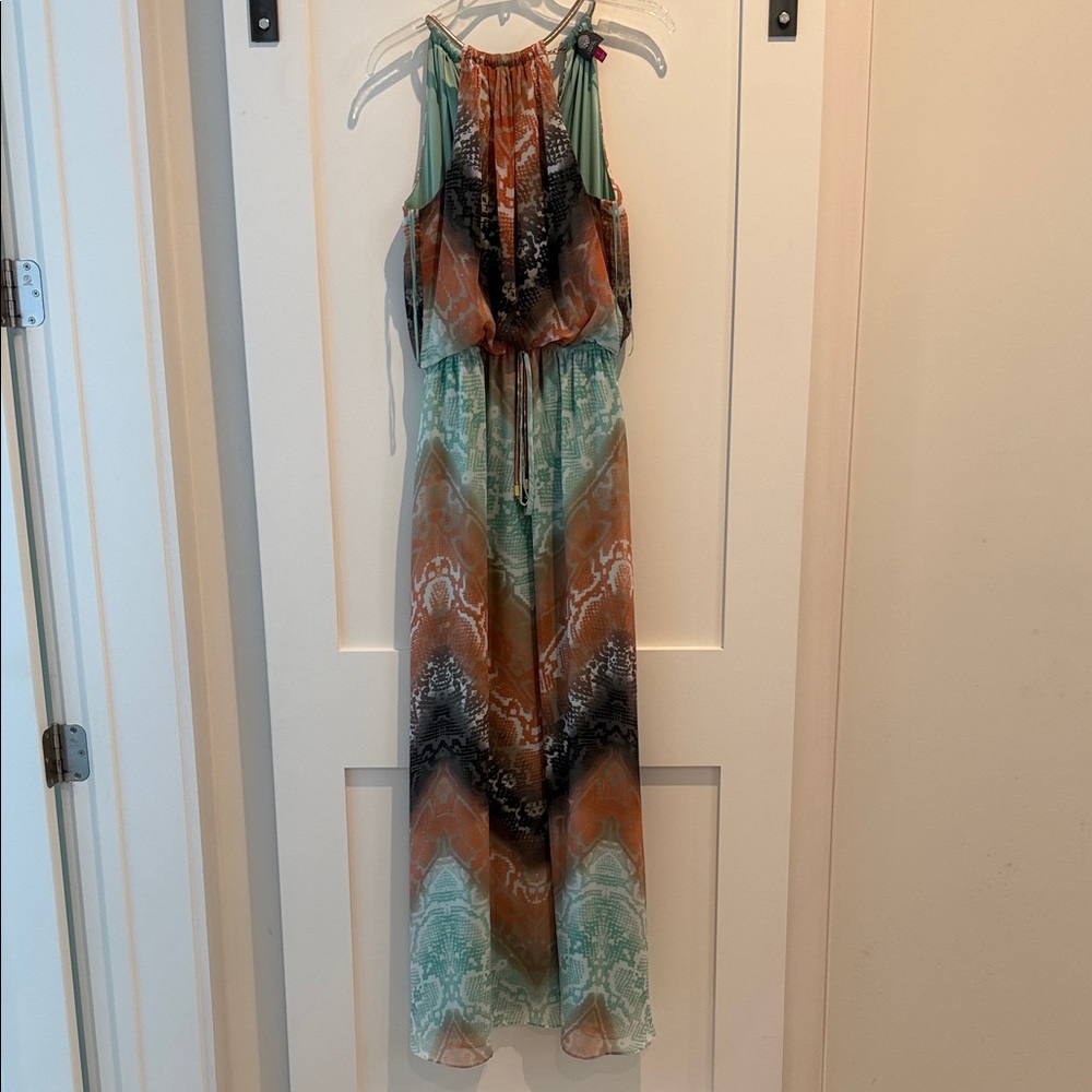Vince Camuto Mint and Rust Patterned Halter Maxi Dress